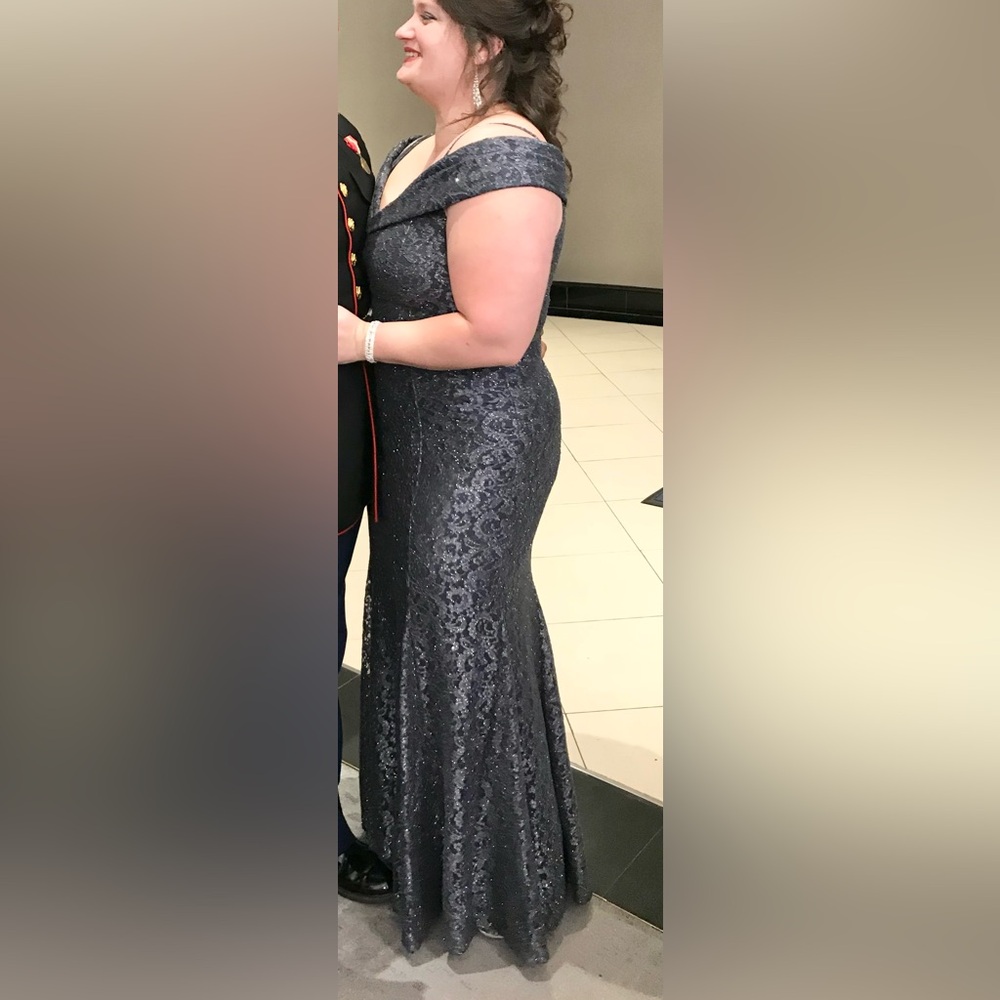 R&M Richards Off-Shoulder Lace Gown in Gray